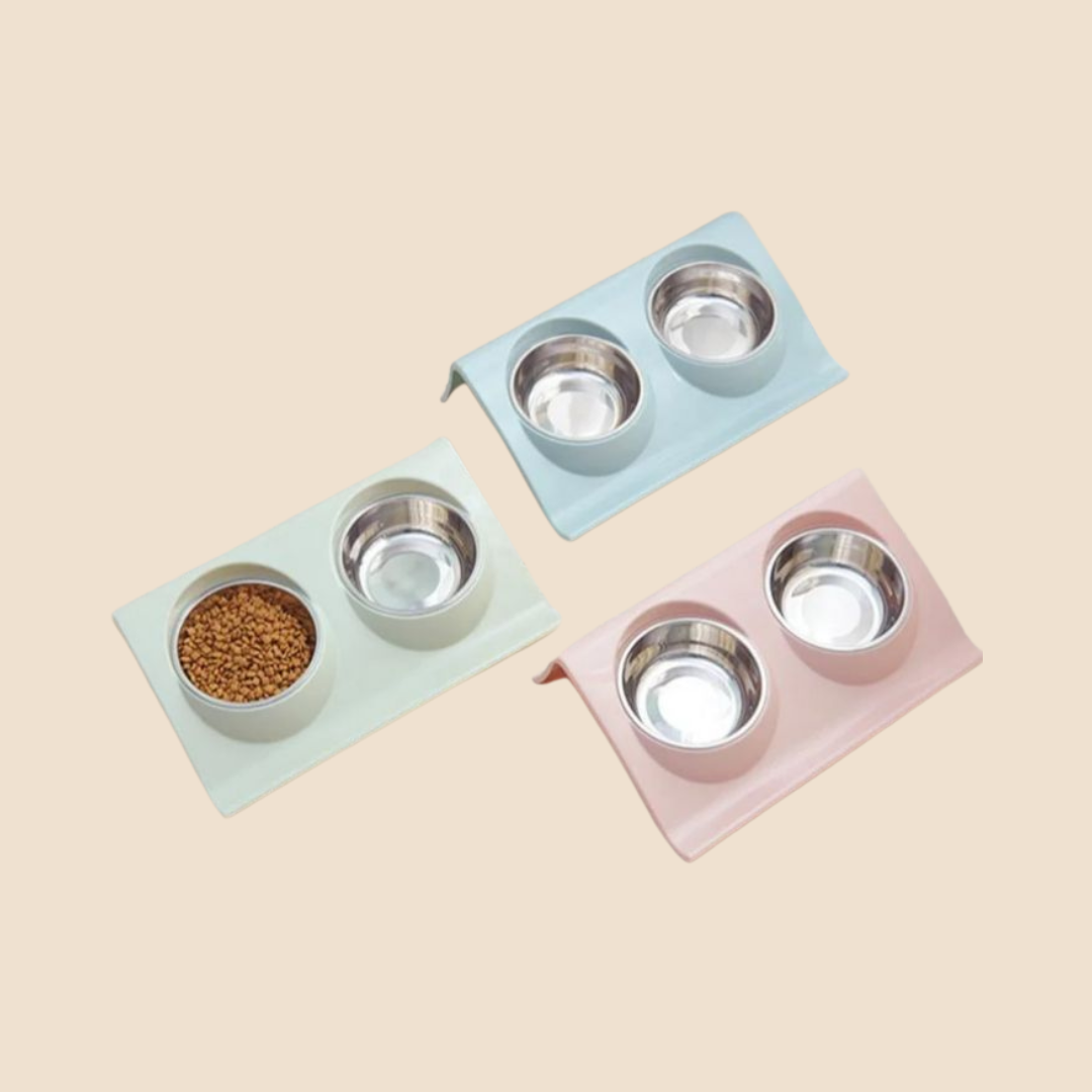 Dubbele voerbak RVS bakjes in kunststof houder (16 cm)