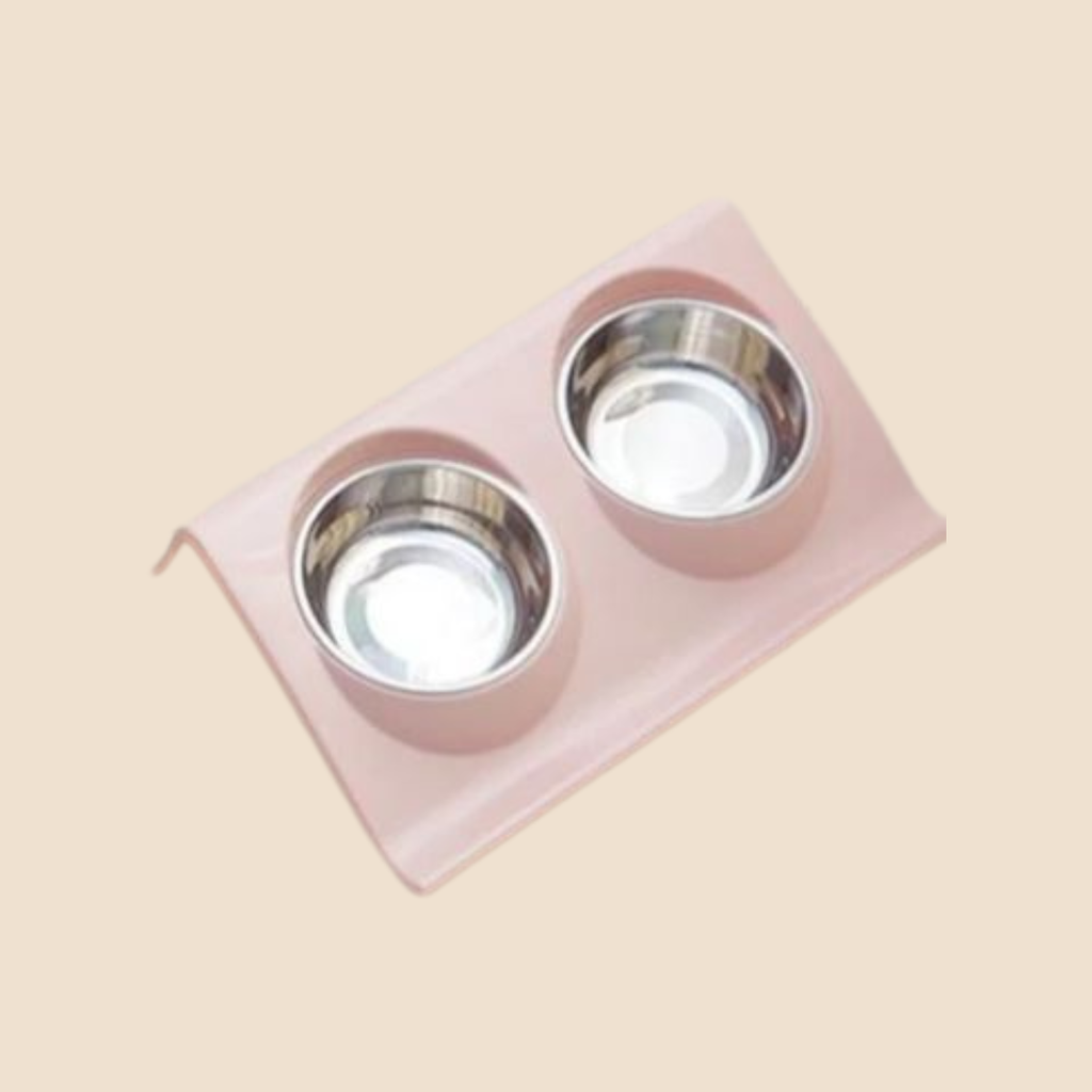 Dubbele voerbak RVS bakjes in kunststof houder (16 cm)