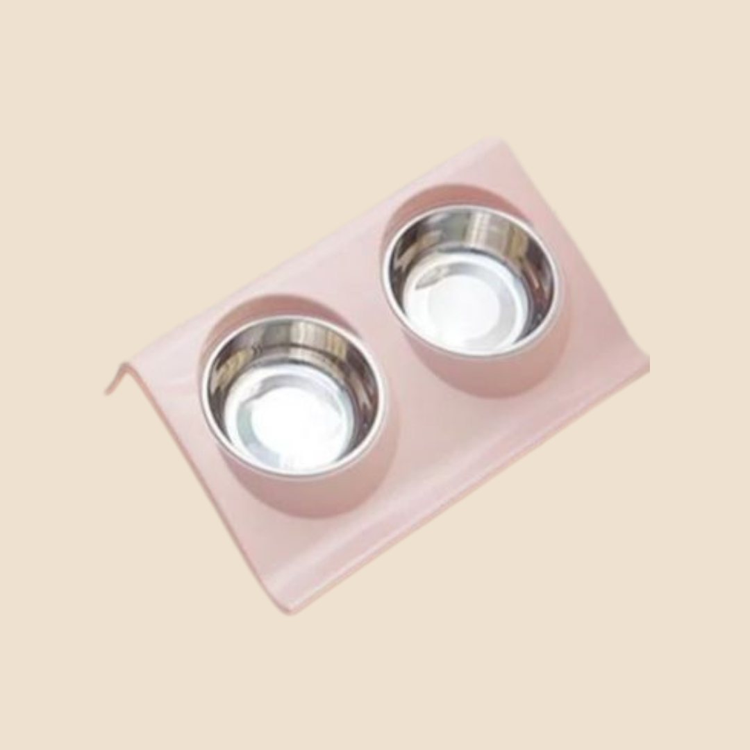 Dubbele voerbak RVS bakjes in kunststof houder (16 cm)